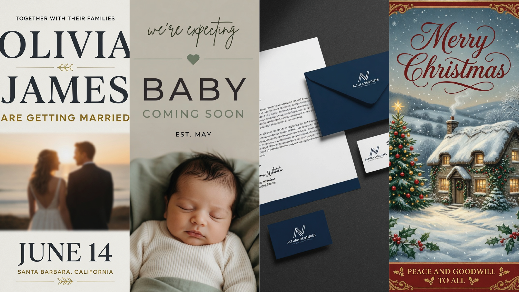 Photo of wedding invites, baby announcements, business stationary and Christmas Cards